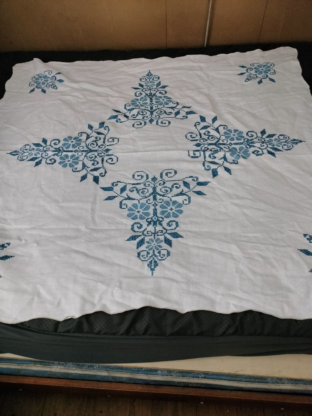 White Cotton Embroidered Tablecloth with  Blue Motif